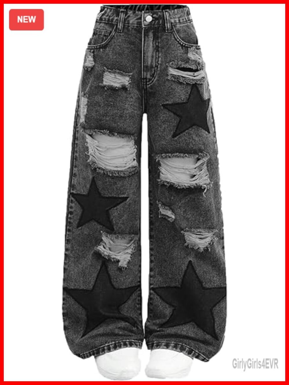 Plus Size Distressed High Waist Jeans with Star Patches, Wide Leg